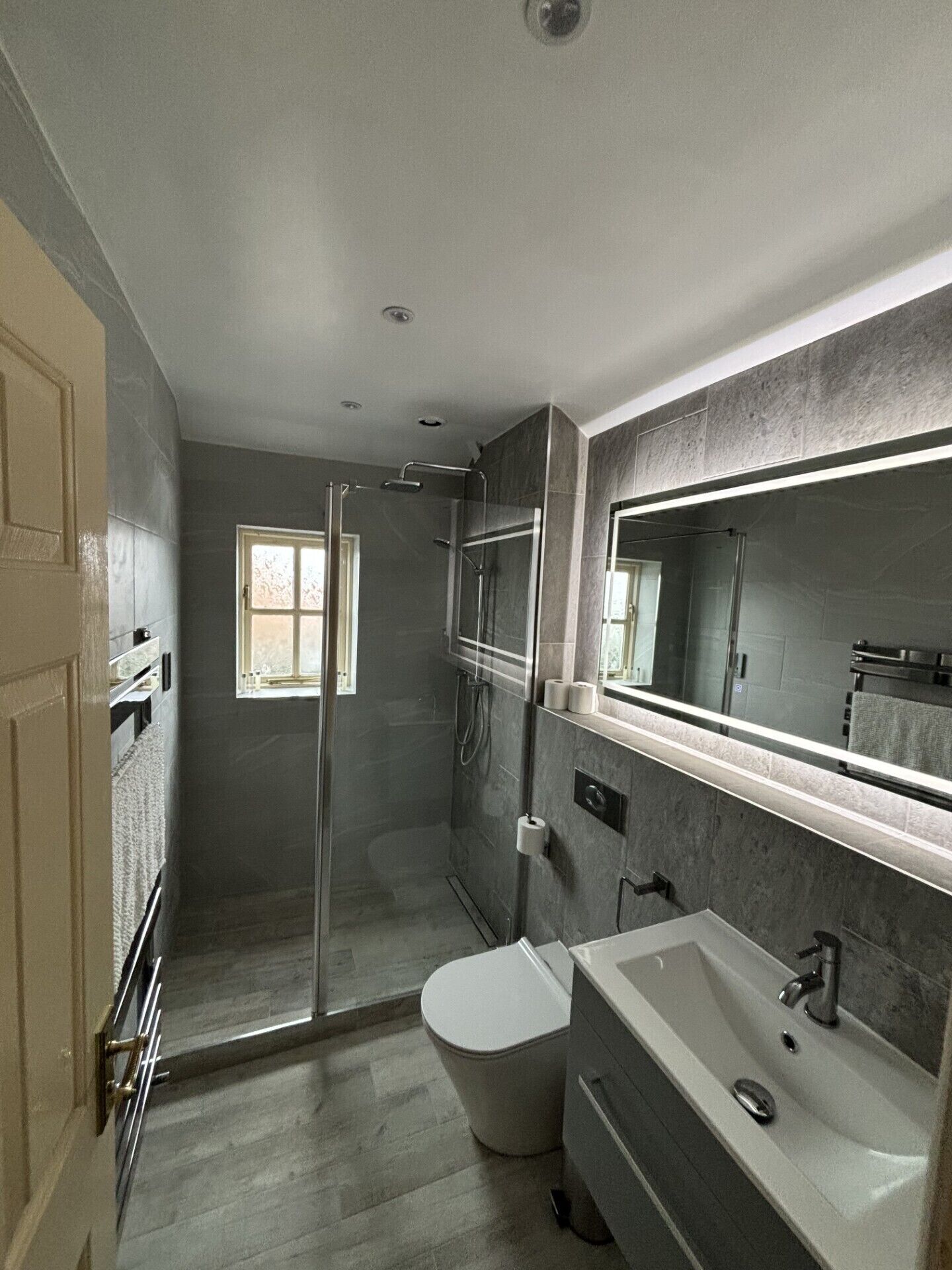 A modern bathroom with a glass-enclosed shower, a toilet, and a sink with a large mirror.