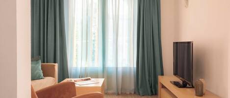 A room with a sofa, a TV, a wooden table, and a window with curtains.