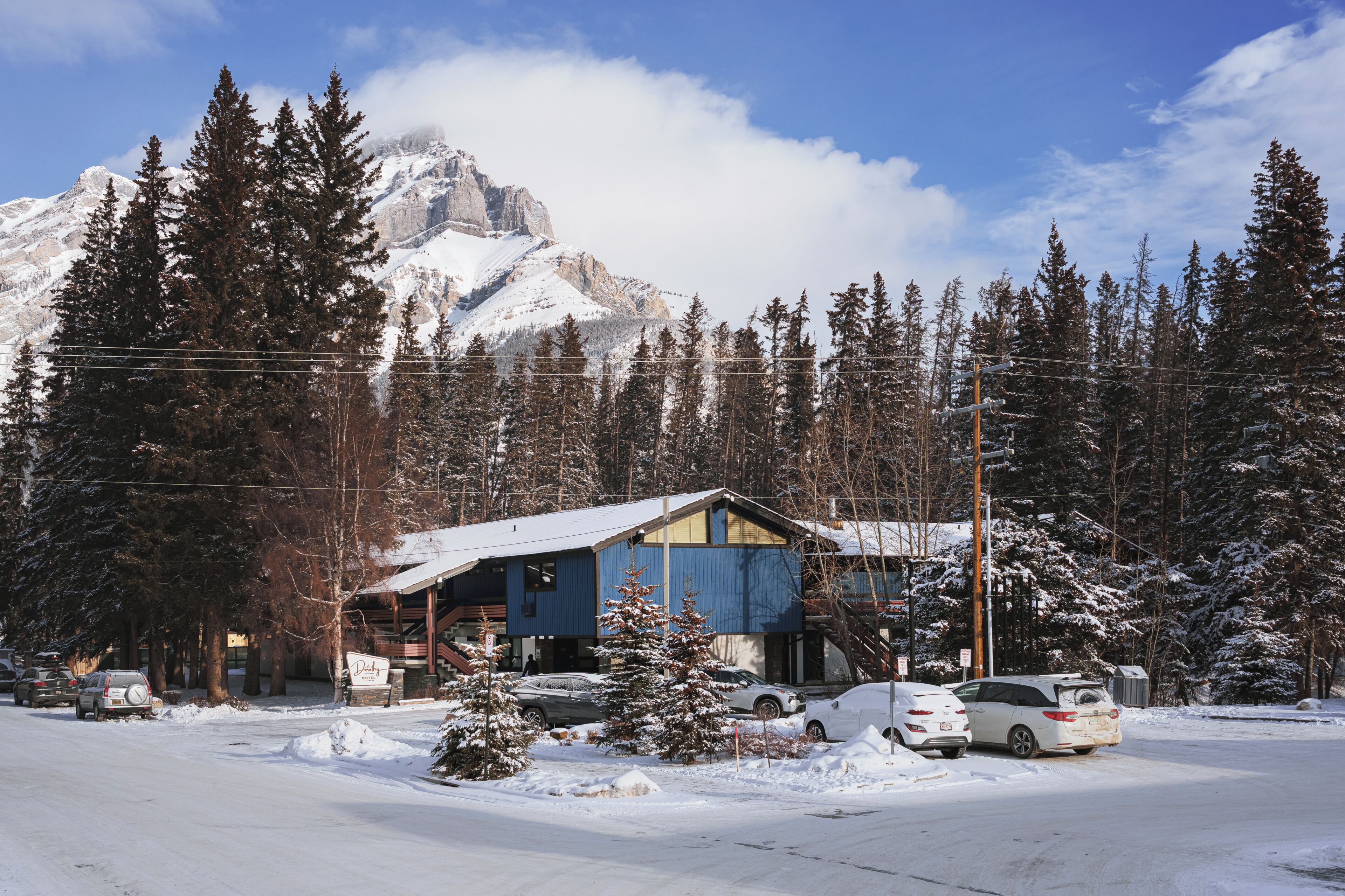 A mountain lodge with a snow-covered roof, surrounded by tall pine trees and a snow-covered mountain in the background.