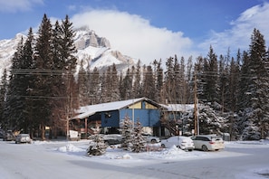A mountain lodge with a snow-covered roof, surrounded by tall pine trees and a snow-covered mountain in the background.