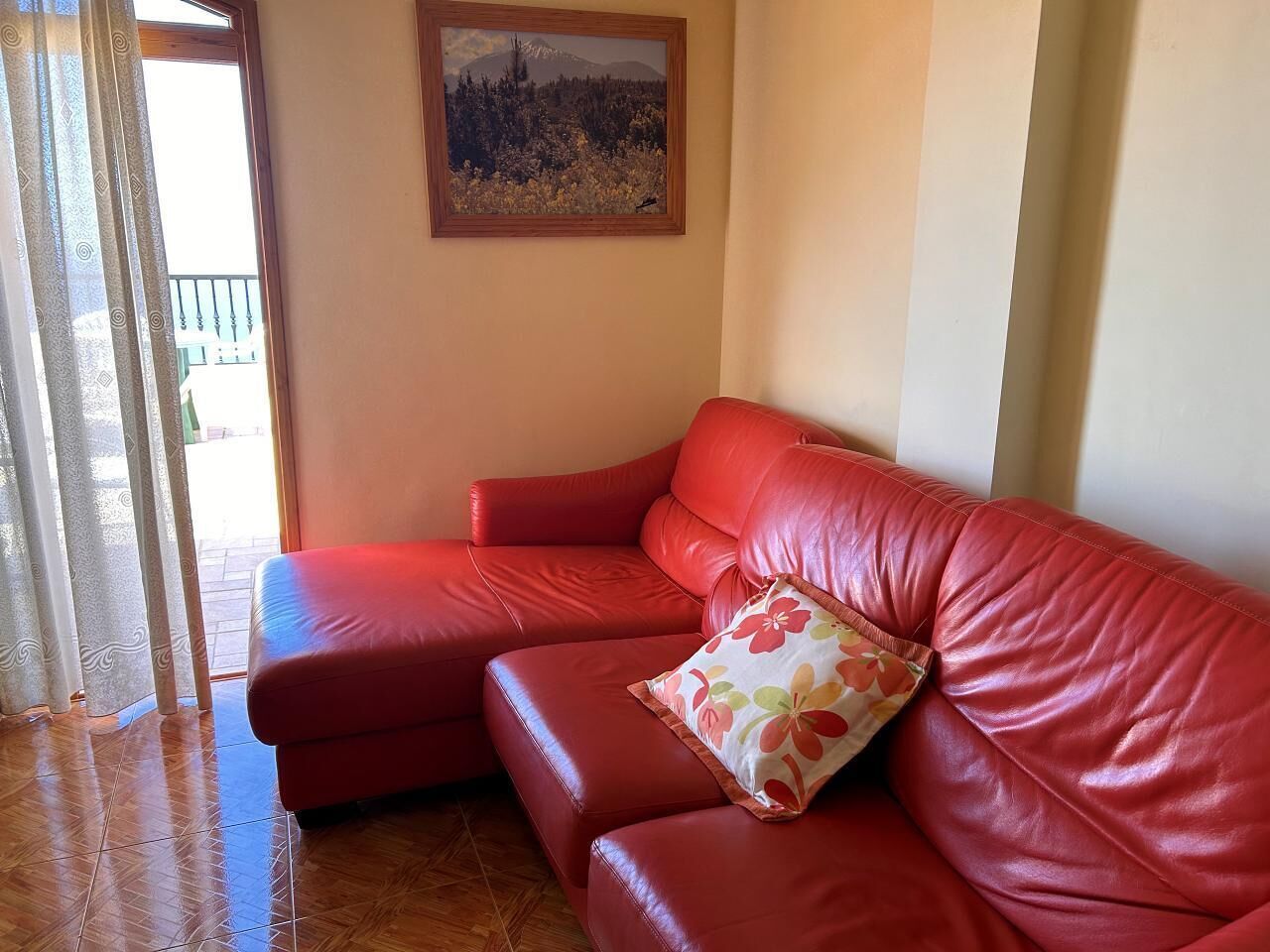 Un canapé en cuir rouge agrémenté d’un coussin à motifs floraux, un tableau représentant un paysage encadré accroché au mur, et une vue sur un balcon à travers un rideau à motifs.