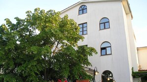 A white building with multiple windows and a large tree in front. - Gargamelo Pension (Porec)