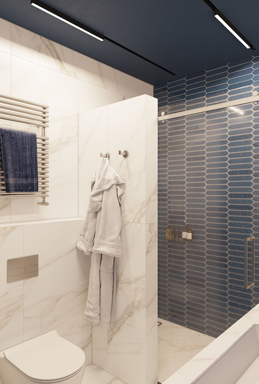 A modern bathroom with a marble vanity, a towel rack, a shower with a glass door, and a toilet.