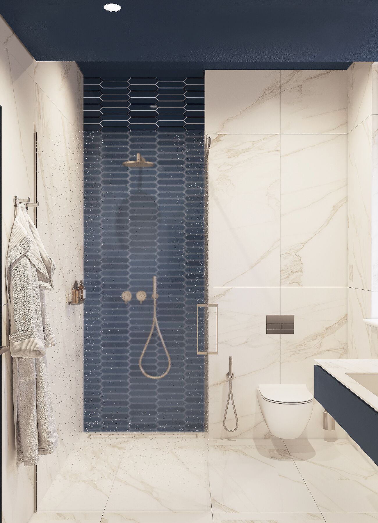 A modern bathroom with a shower, toilet, and sink.