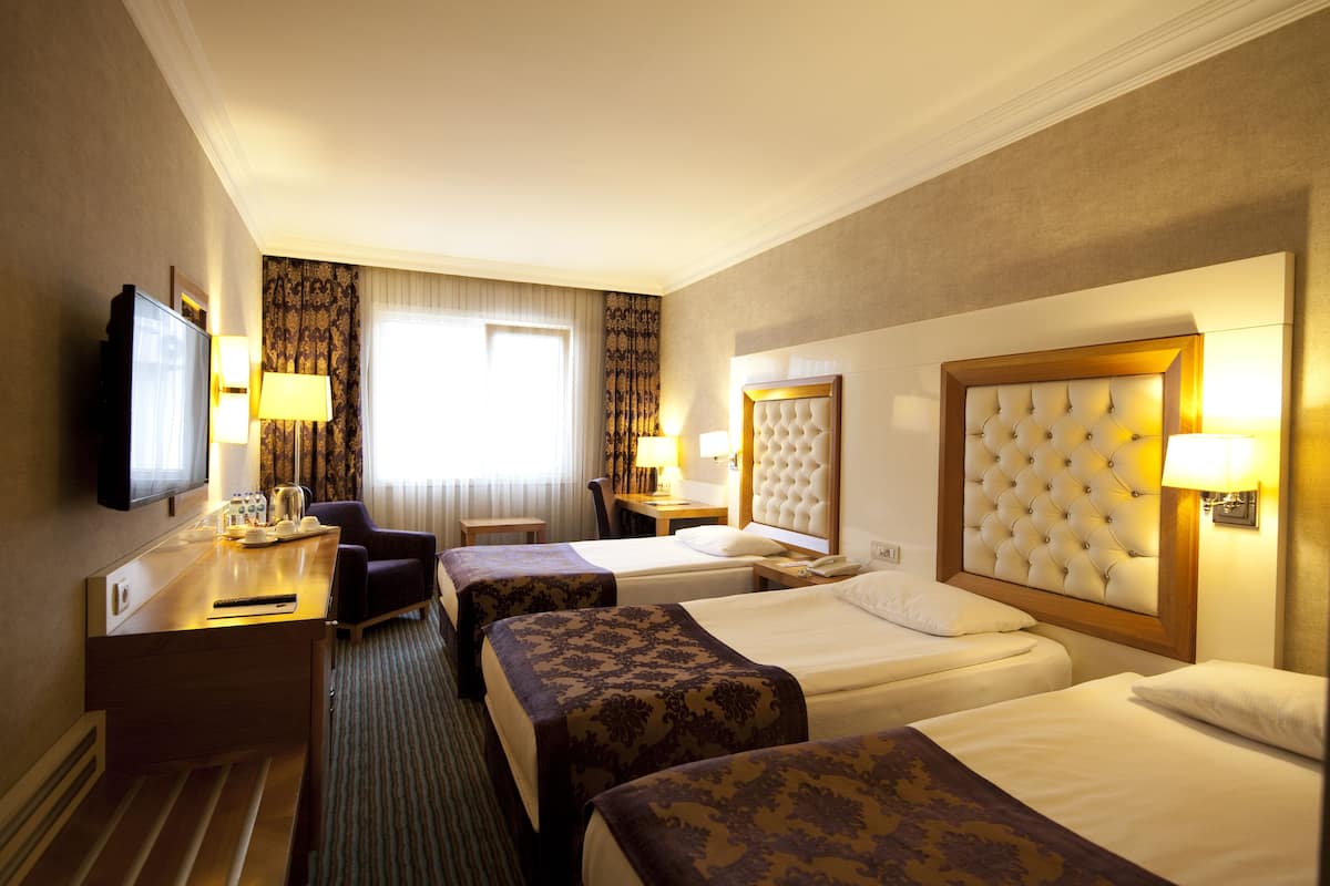 A hotel room with two beds, a desk, a chair, a television, and a window with curtains.