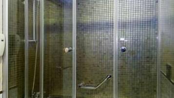 Ducha con paredes de vidrio, bañera blanca, cabezal de ducha manual y barra de apoyo.