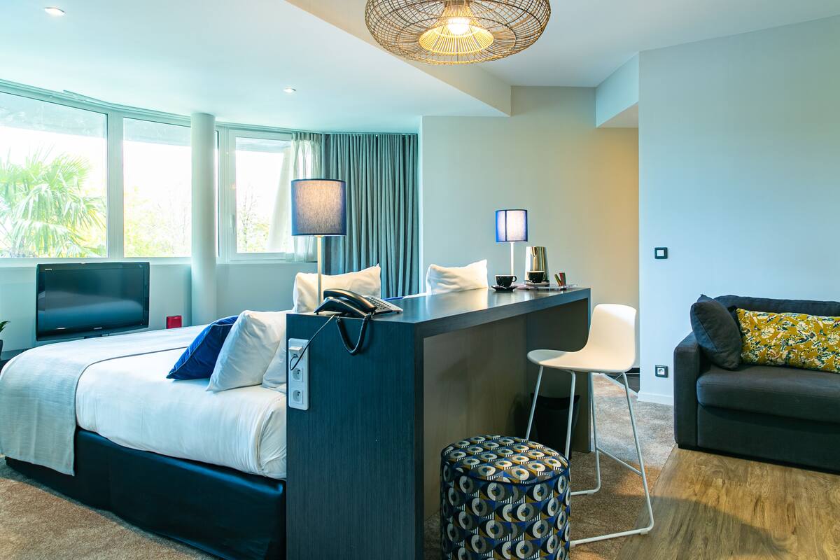 Premium bedding, blackout curtains, soundproofing