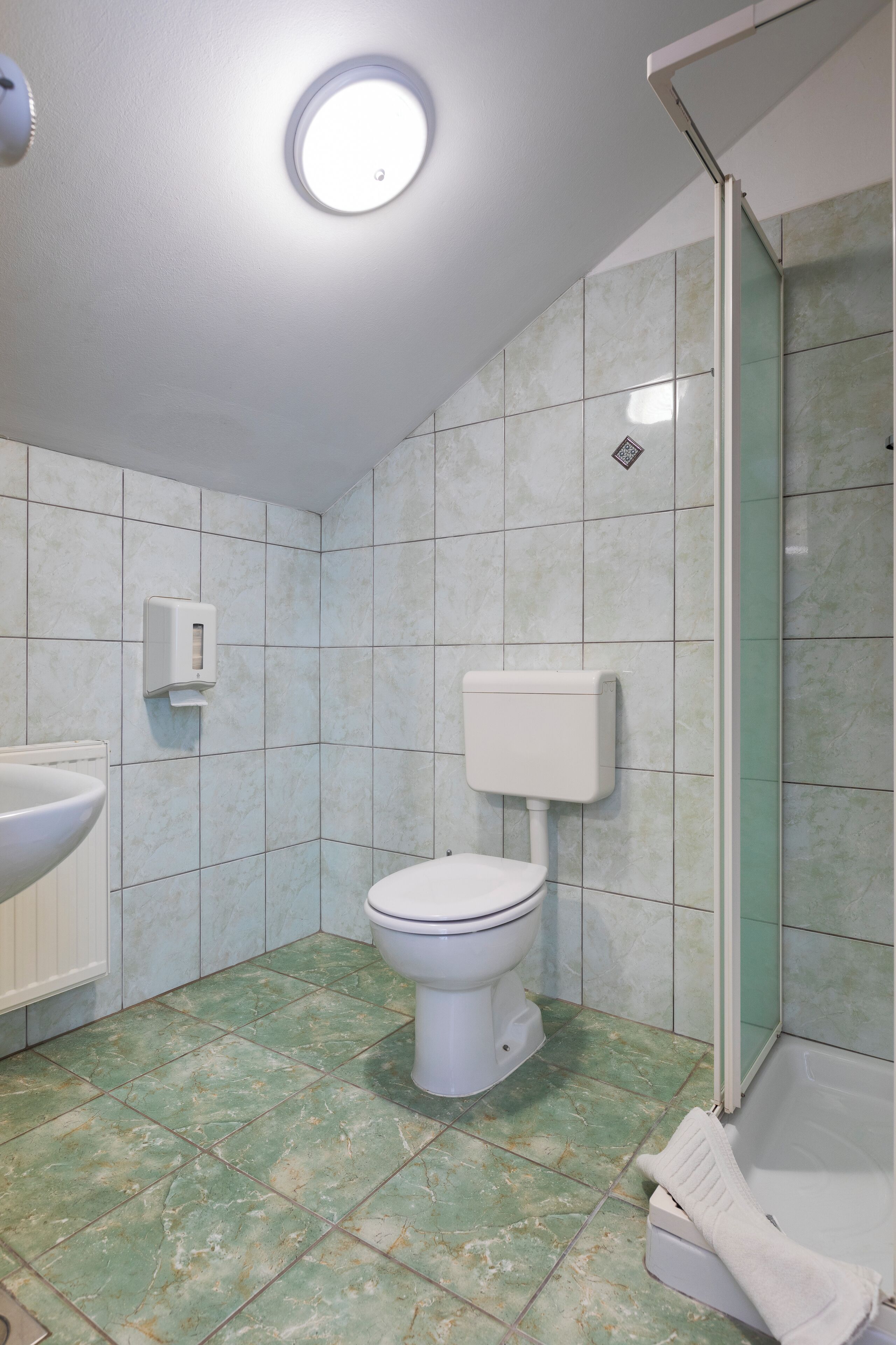 Une salle de bain avec des toilettes, un lavabo et une douche.