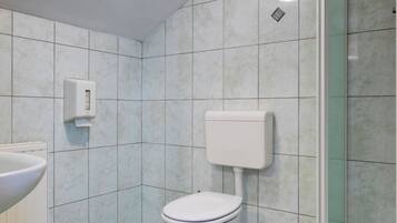 Une salle de bain avec des toilettes, un lavabo et une douche.