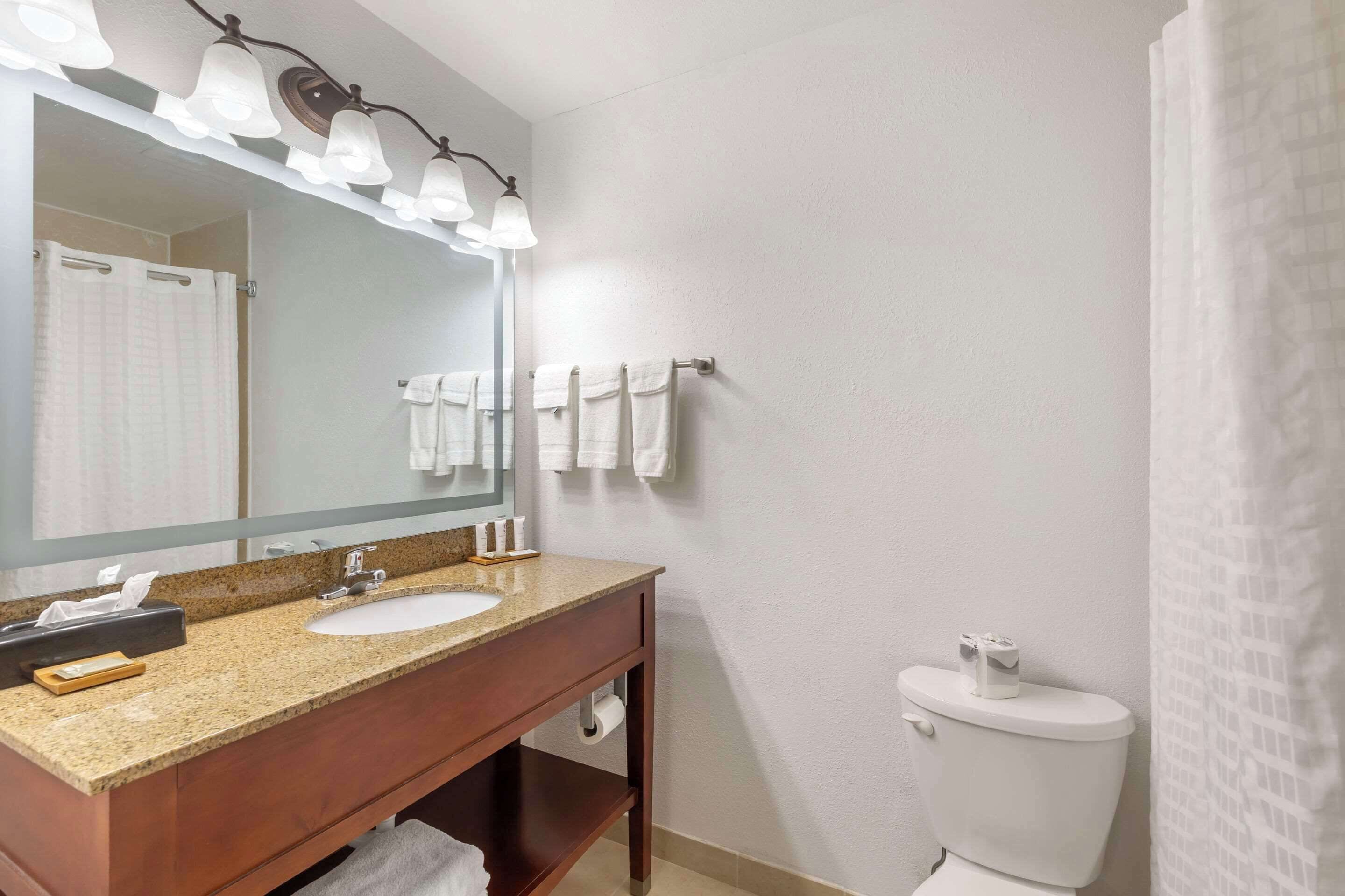 Un baño con lavamanos, espejo e inodoro. Hay toallas colgadas en un perchero y una cortina de ducha.