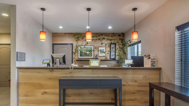 A reception desk with a wooden counter, a computer, a telephone, and a small plant. There are three pendant lights above the desk. - Country Inn & Suites by Radisson, St. Peters, MO (St. Charles)
