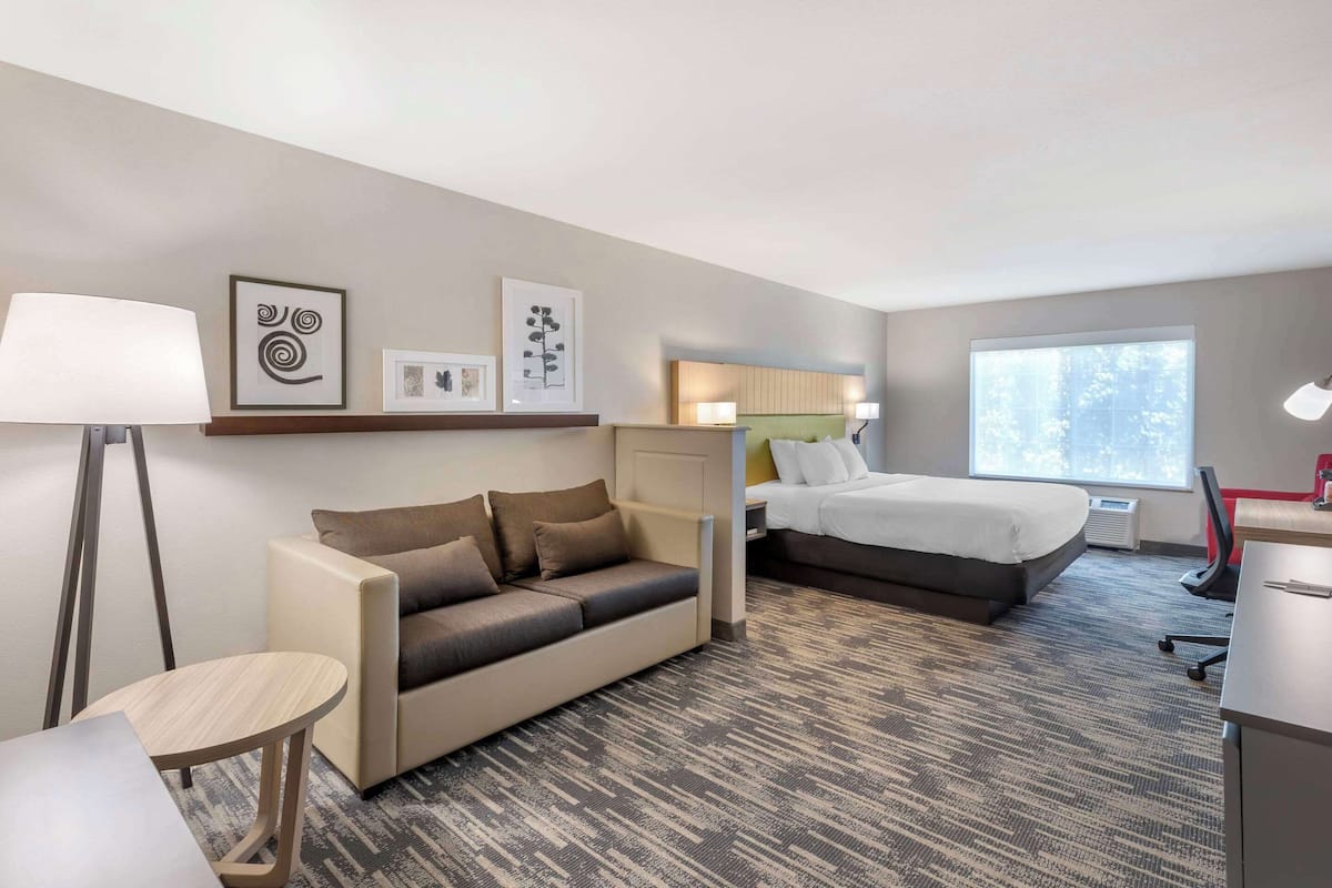 A hotel room with a sofa, a bed, a desk, and a lamp.