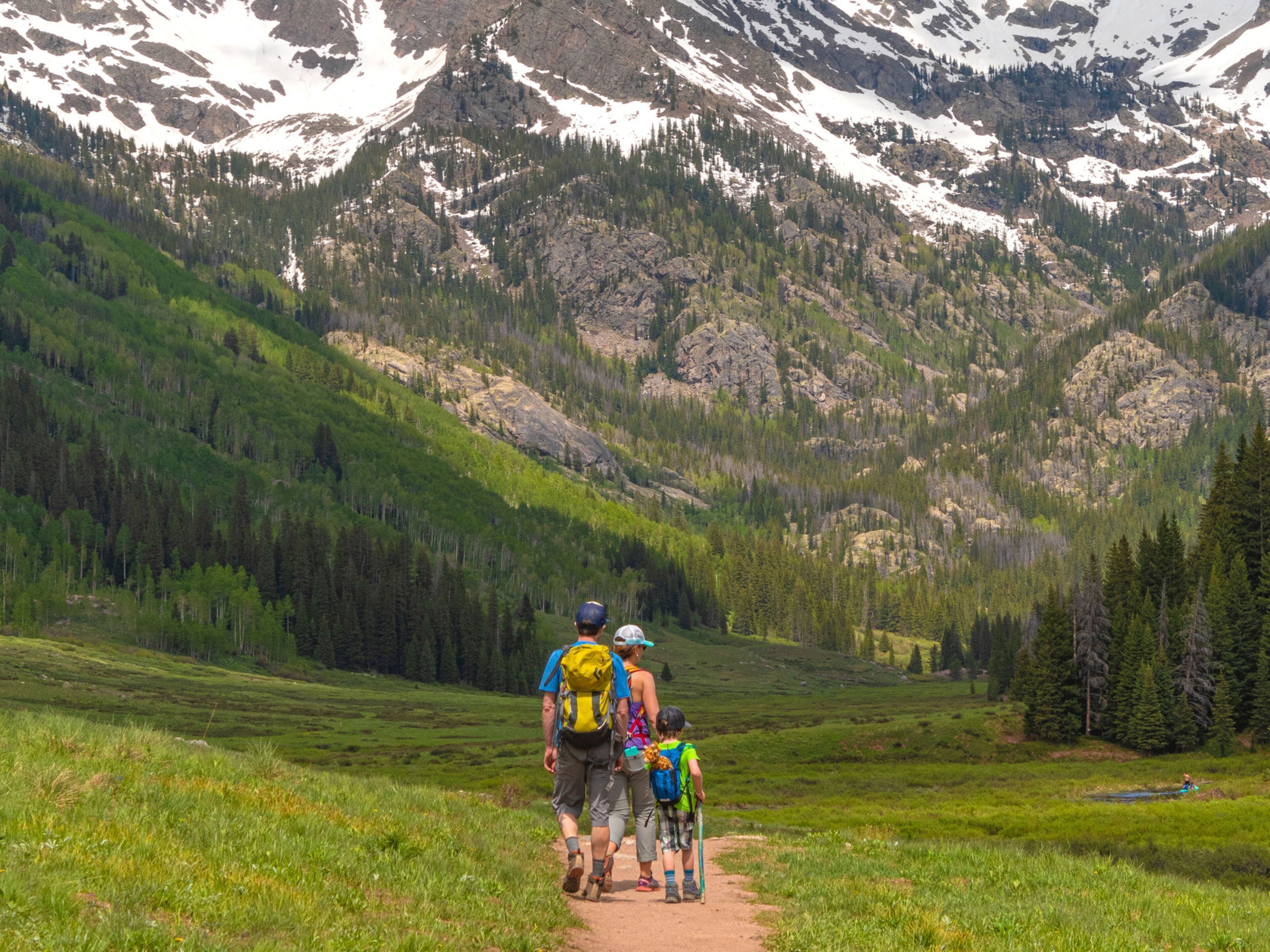 Un sentier de montagne avec des randonneurs et un enfant.