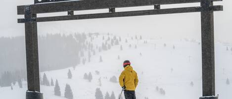 Une piste de ski avec un panneau indiquant « Les célèbres pentes de la partie arrière de la montagne » et une altitude de 3 430 mètres.