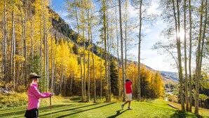 Un campo de golf con vistas despejadas al bosque y las montañas circundantes.