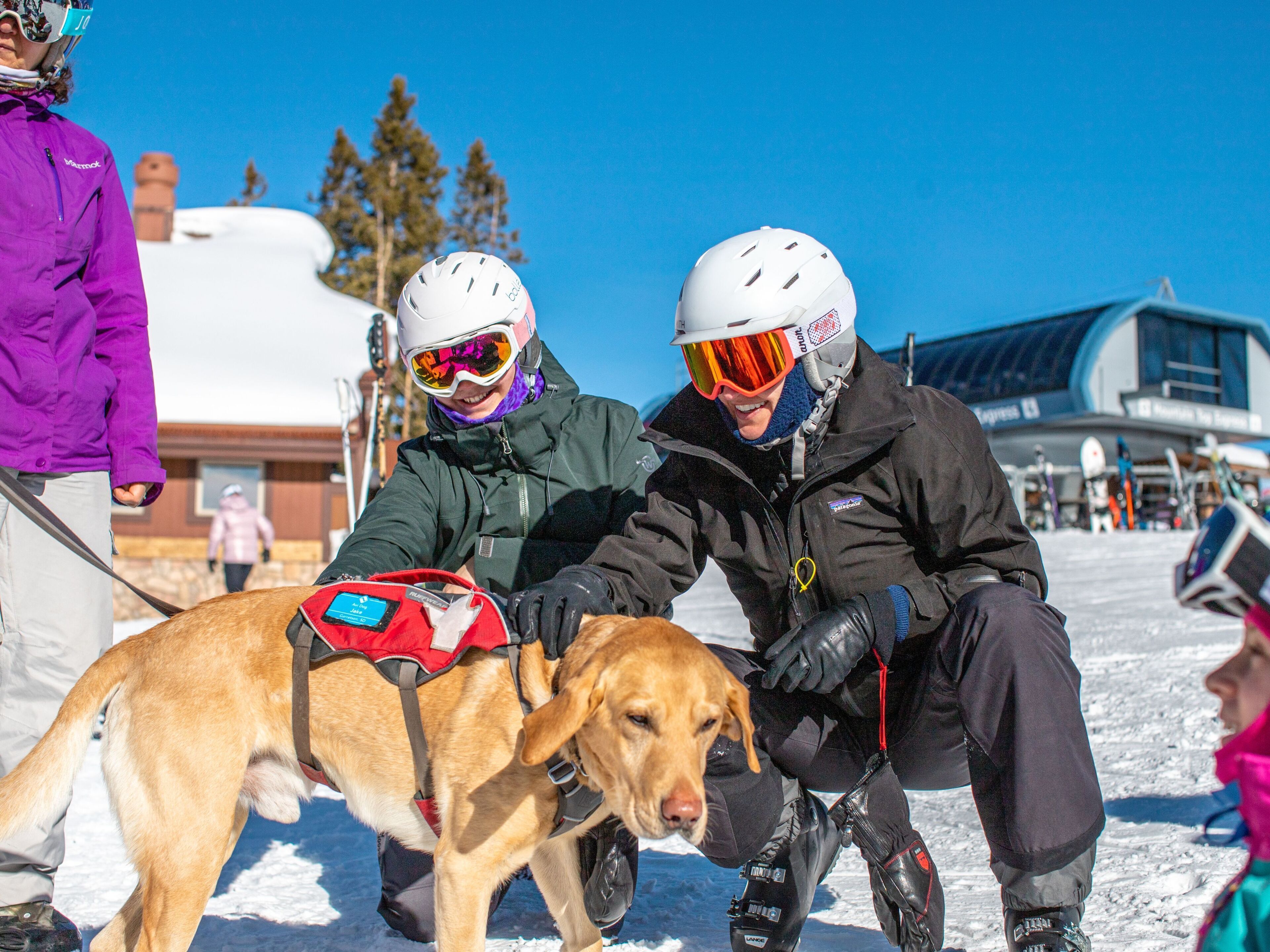 A person in a purple jacket and another in a black jacket with a dog on a sled, both wearing helmets and goggles, in a snowy outdoor setting with a building in the background.