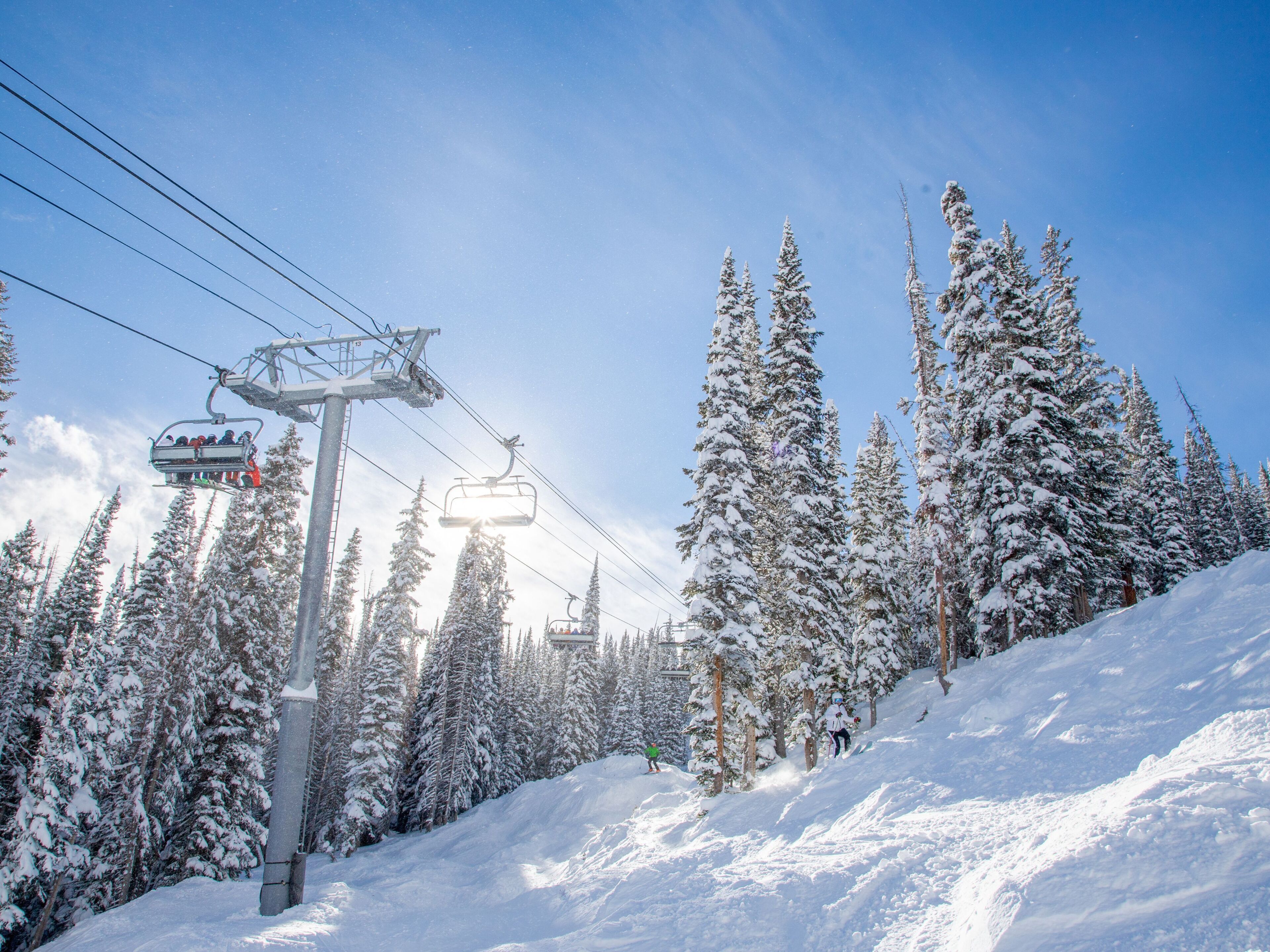 A ski lift with snow-covered trees in the background.