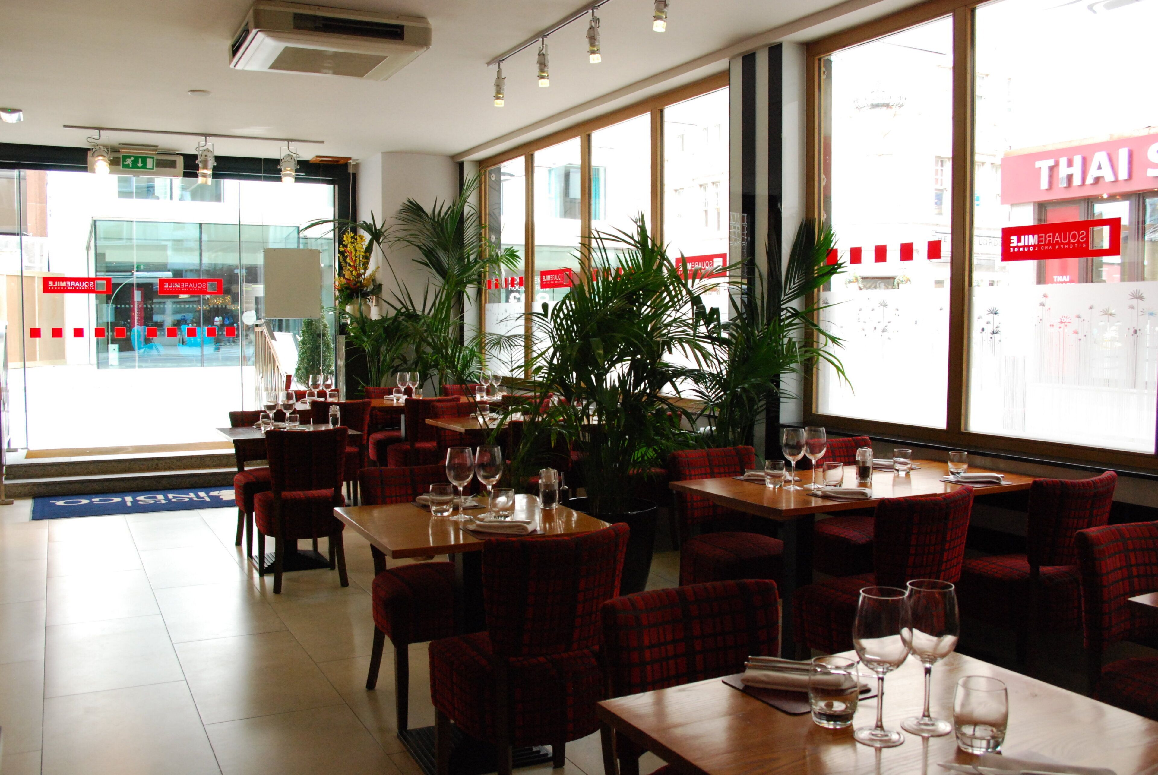 Interior de restaurante com mesas, cadeiras e plantas em vasos.