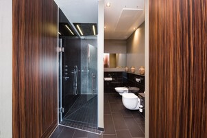 Design Suite, Jetted Tub (Panorama view) | Bathroom | Separate tub and shower, rainfall showerhead, free toiletries