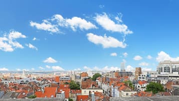 Un paisaje urbano con edificios de techo rojo, una prominente aguja de iglesia y modernos rascacielos.