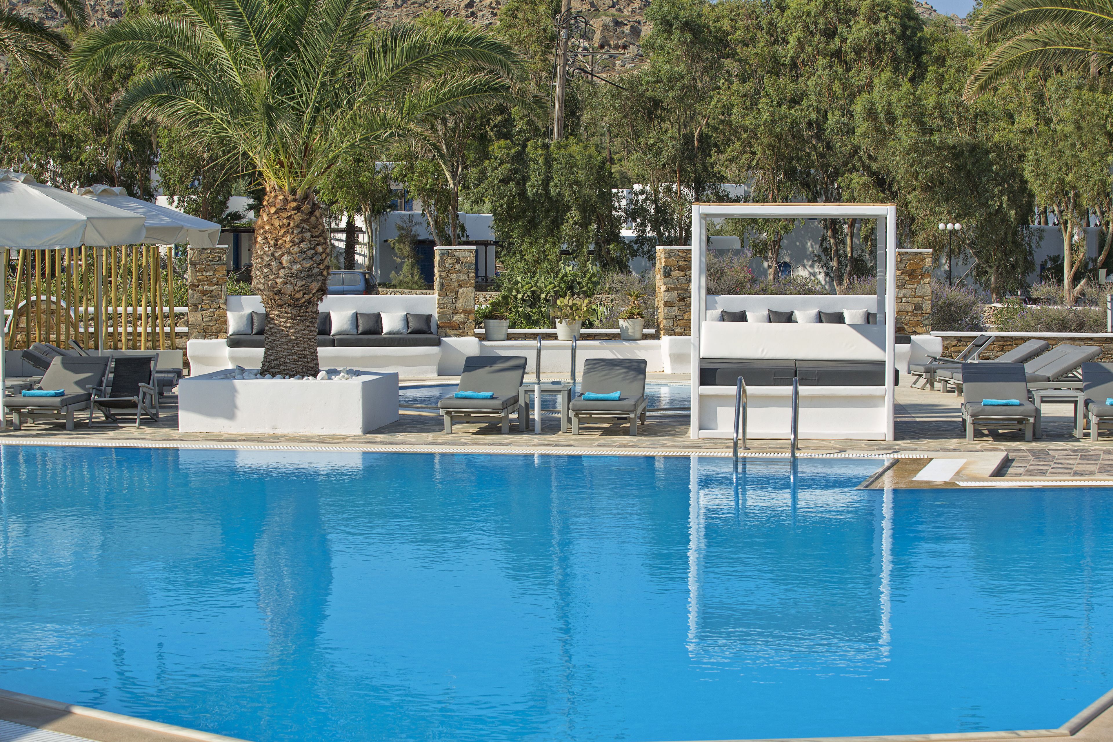outdoor pool, pool umbrellas, pool loungers