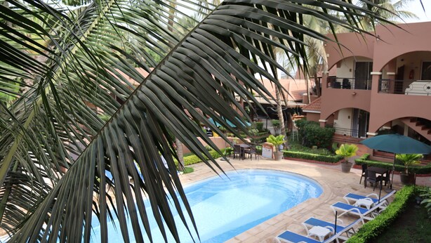 Una piscina con sillones de descanso y palmeras.