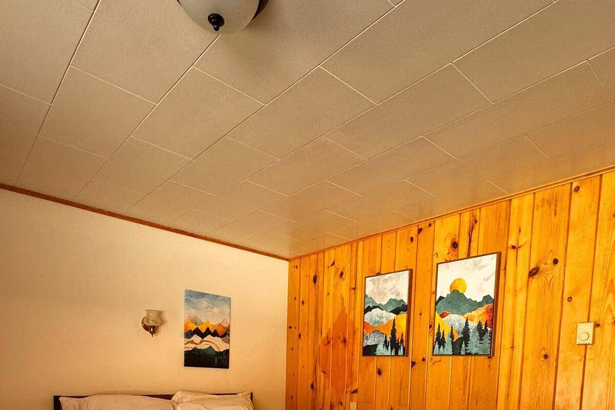 A single bed in a room with wooden panel walls, two paintings, and a ceiling light.