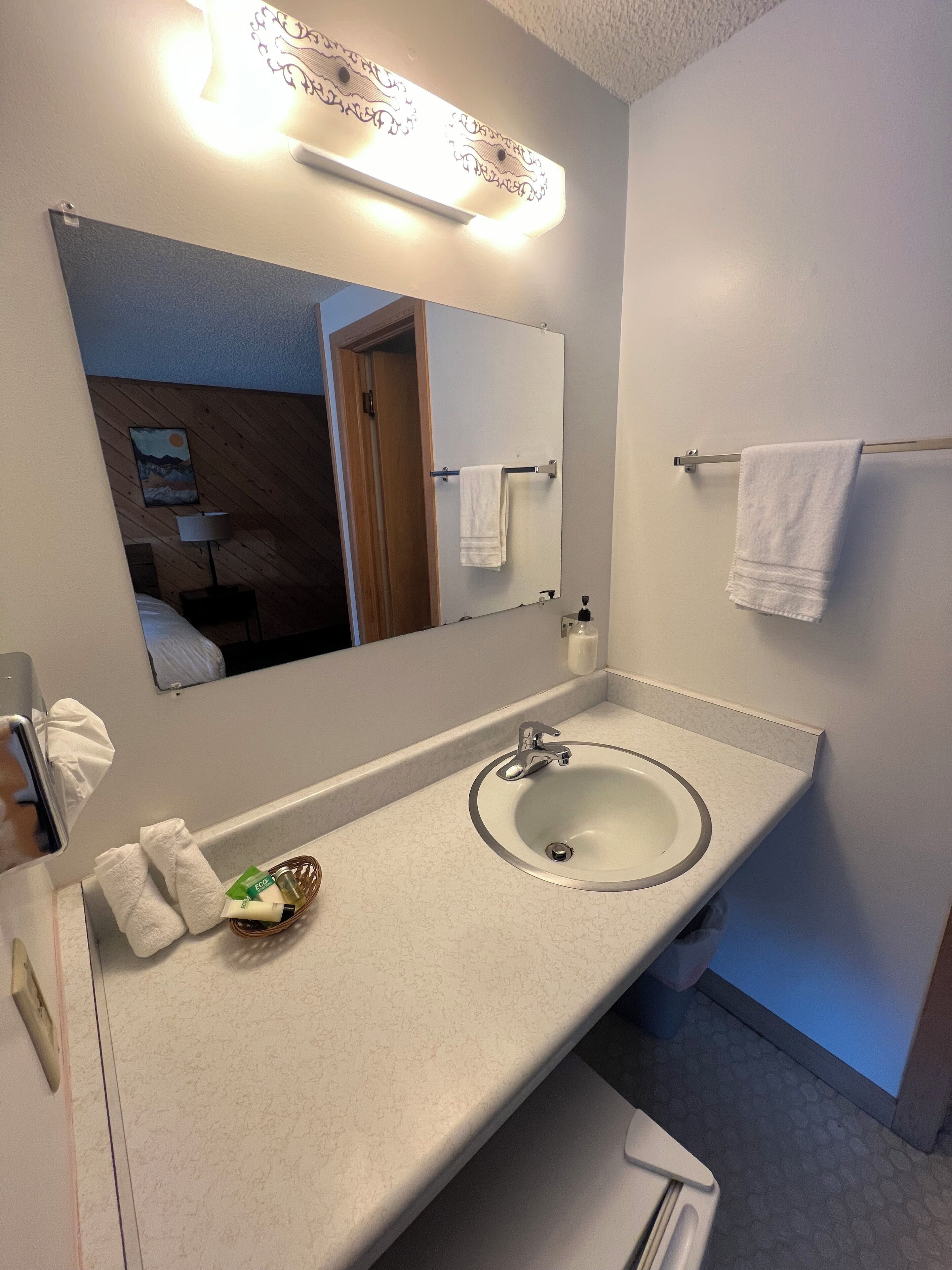 A bathroom with a white sink, mirror, and towel rack.