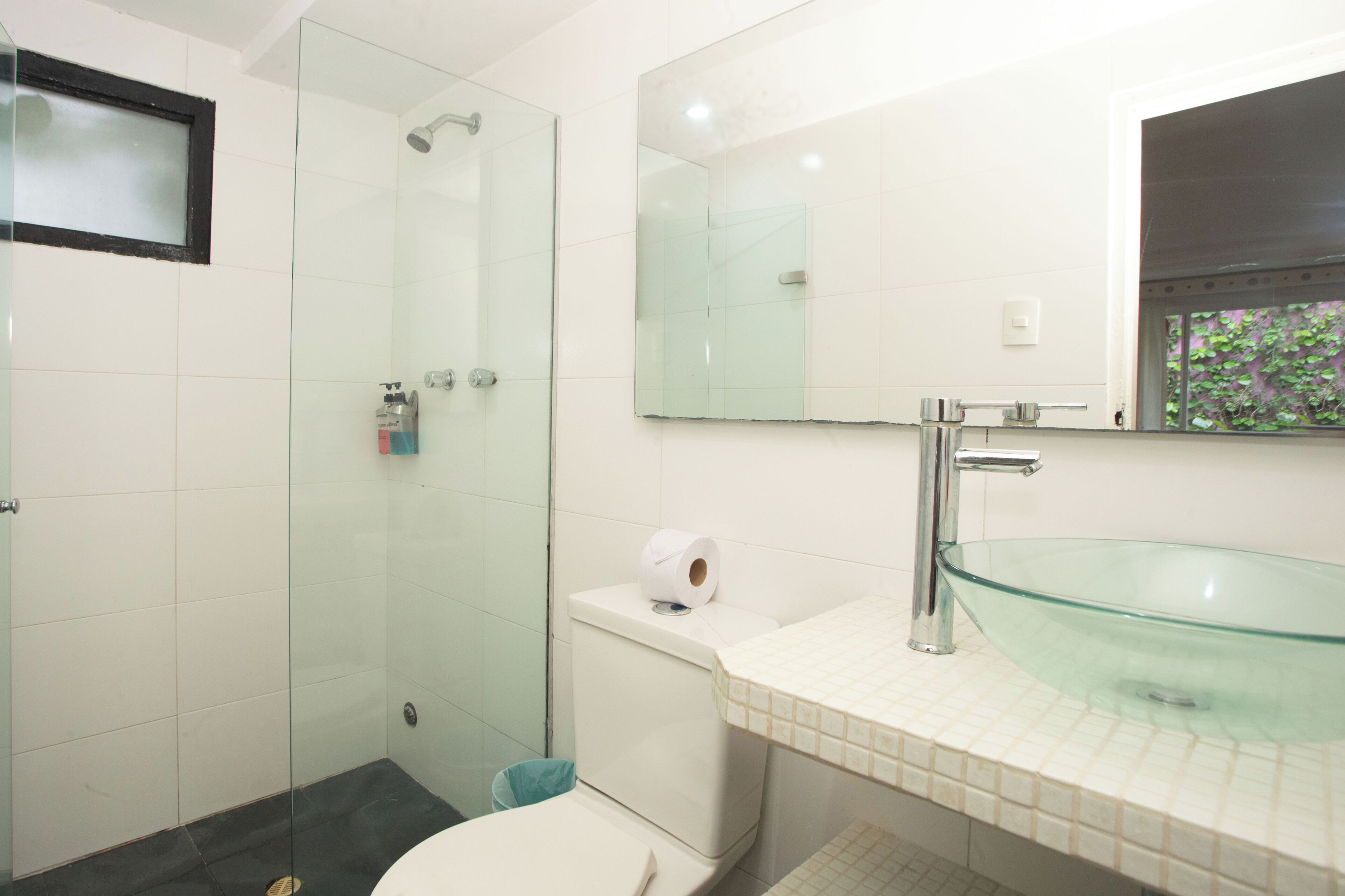 A bathroom with a glass shower enclosure, a toilet, a glass sink, and a mirror.