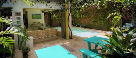 Indoor pool, outdoor pool, open 9:30 AM to 8:30 PM, pool loungers