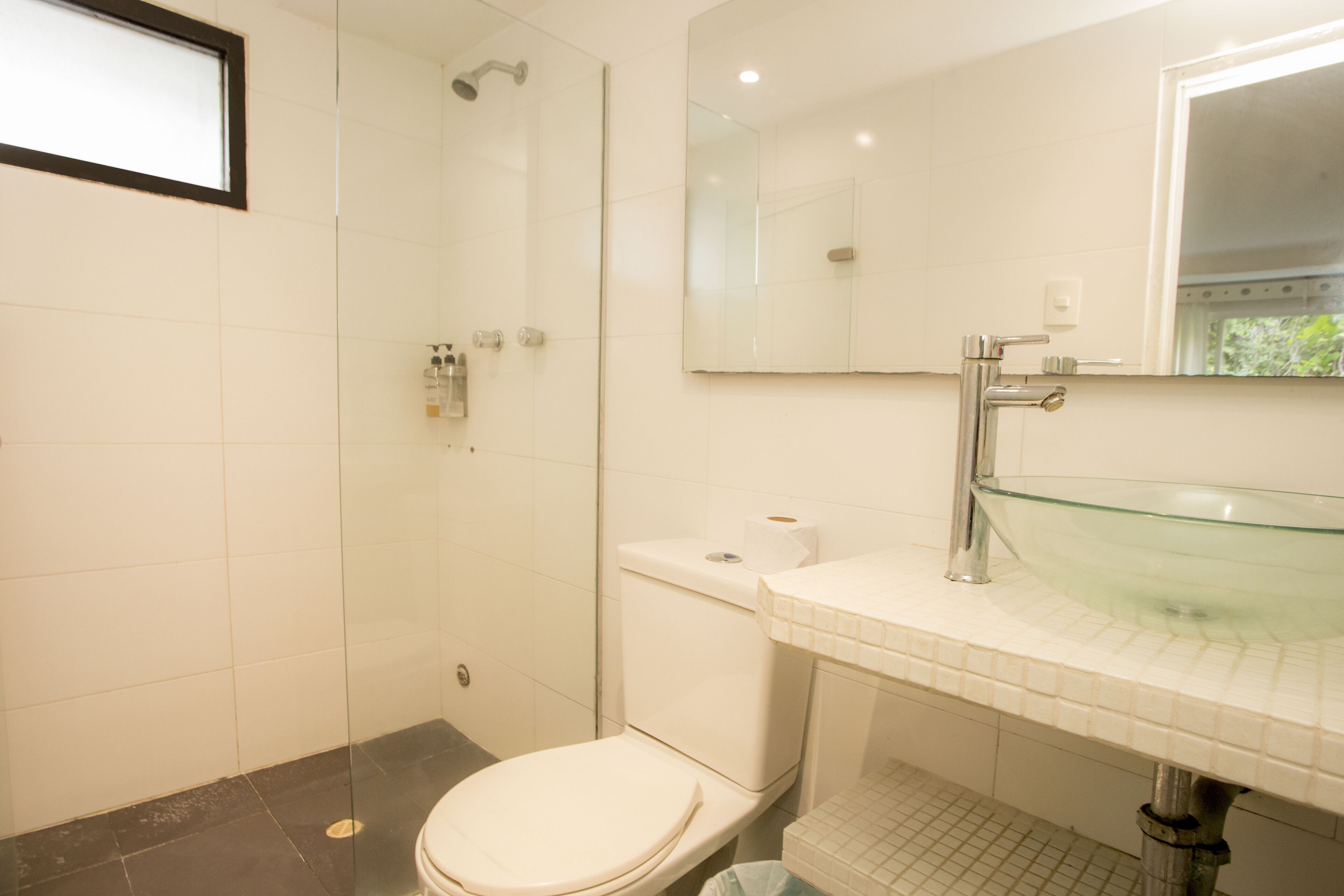 Ein Badezimmer mit einem Waschbecken aus Glas, einer Toilette und einer Dusche.