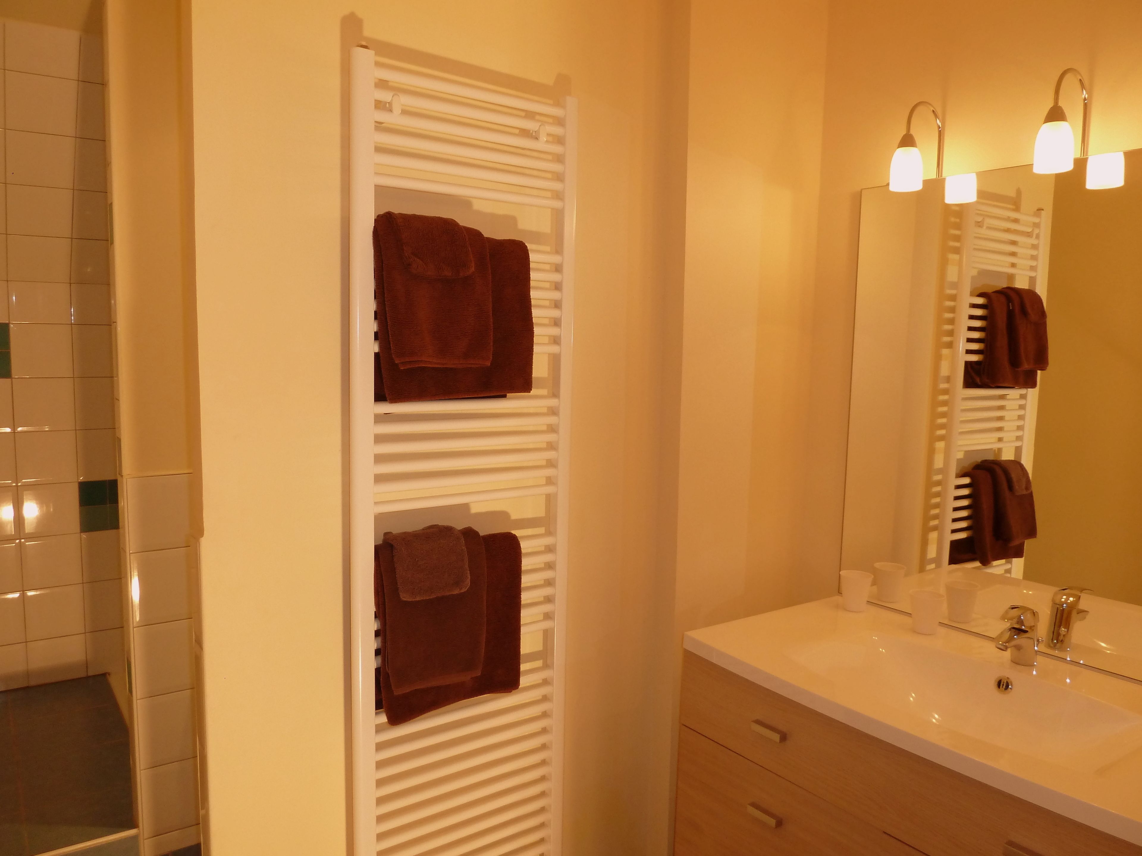 A bathroom with a white sink, mirror, and towel rack.