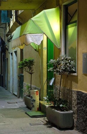 Una stretta via con un edificio dotato di tenda verde, piante in vaso e un piccolo albero.