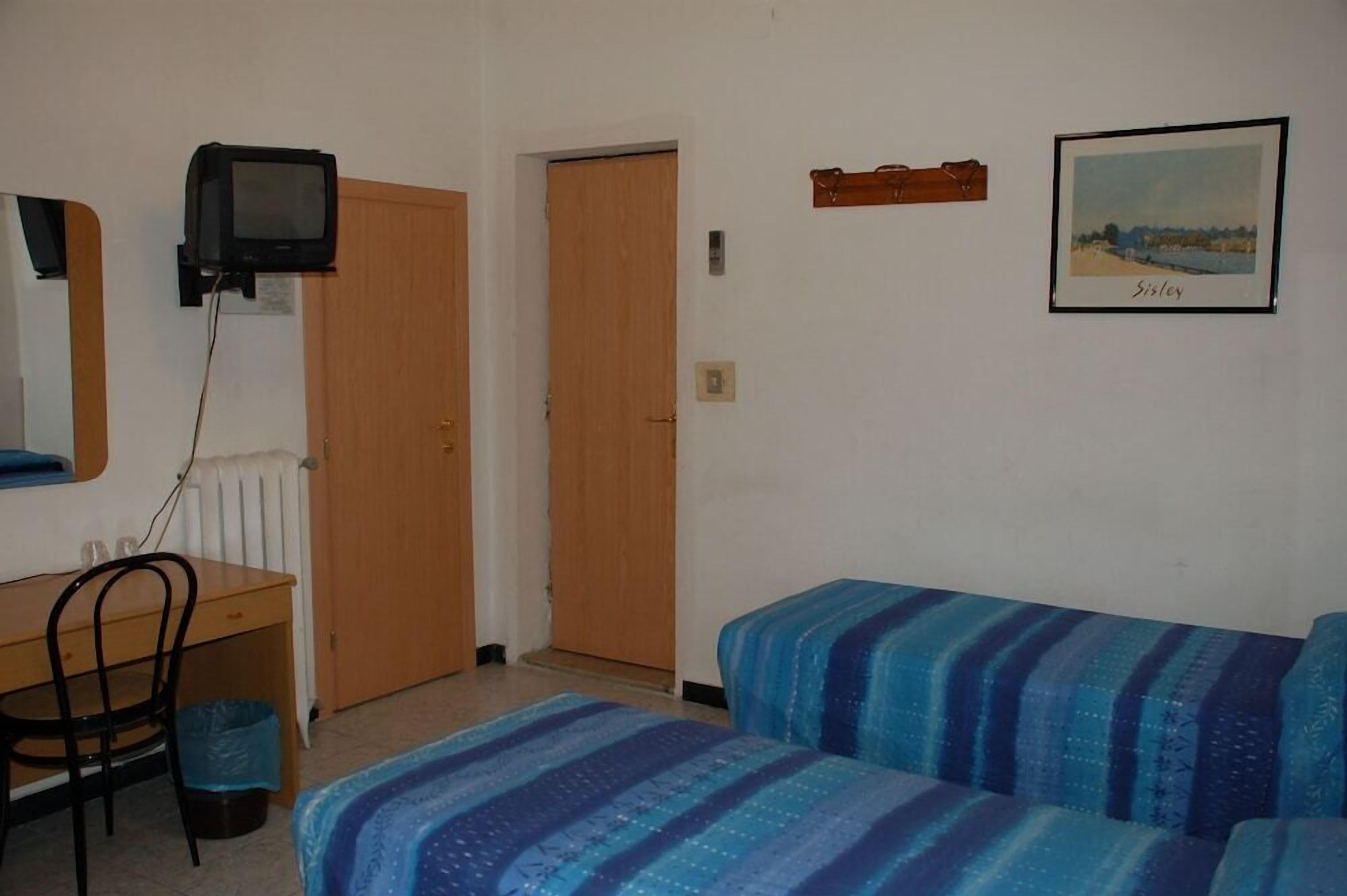 A room with a bed, a desk, a chair, a television, a door, and a framed picture on the wall.