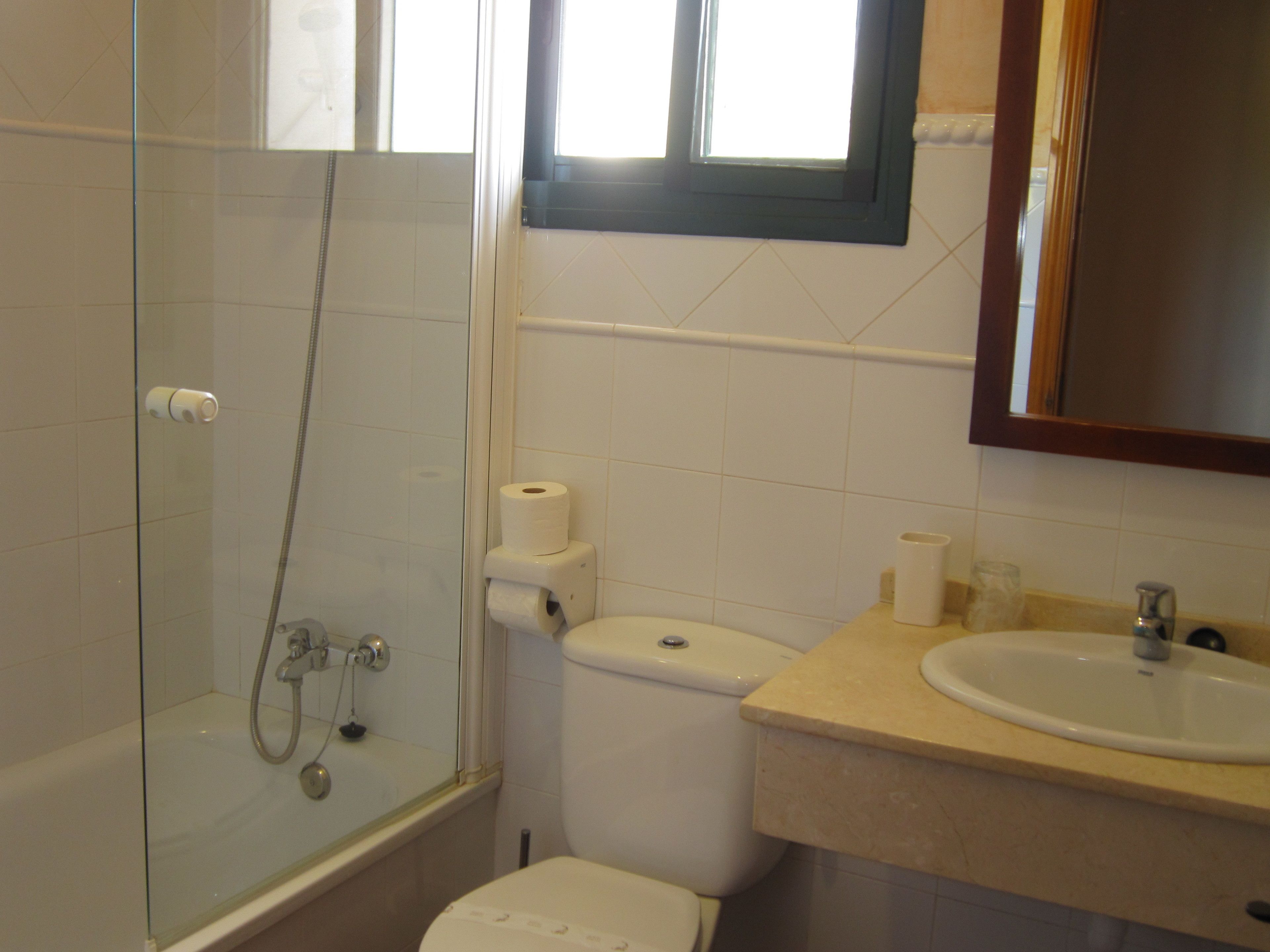 A bathroom with a glass-enclosed shower, a toilet, and a sink with a mirror above it.