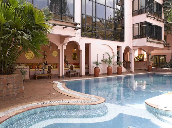 Indoor pool, outdoor pool, pool loungers