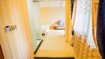 1 bedroom, desk, blackout drapes, iron/ironing board