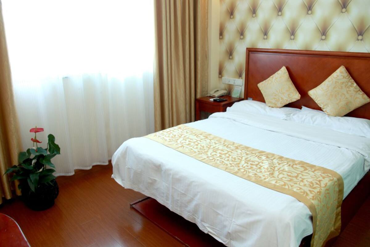 A hotel room with a bed, a nightstand, a potted plant, and a window with curtains.