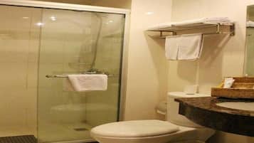 Combined shower/bathtub, hair dryer, towels
