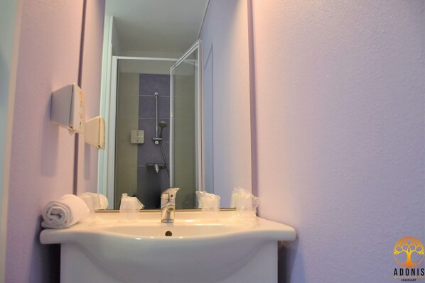 Une salle de bain avec un lavabo blanc, un miroir et une douche visible au fond.