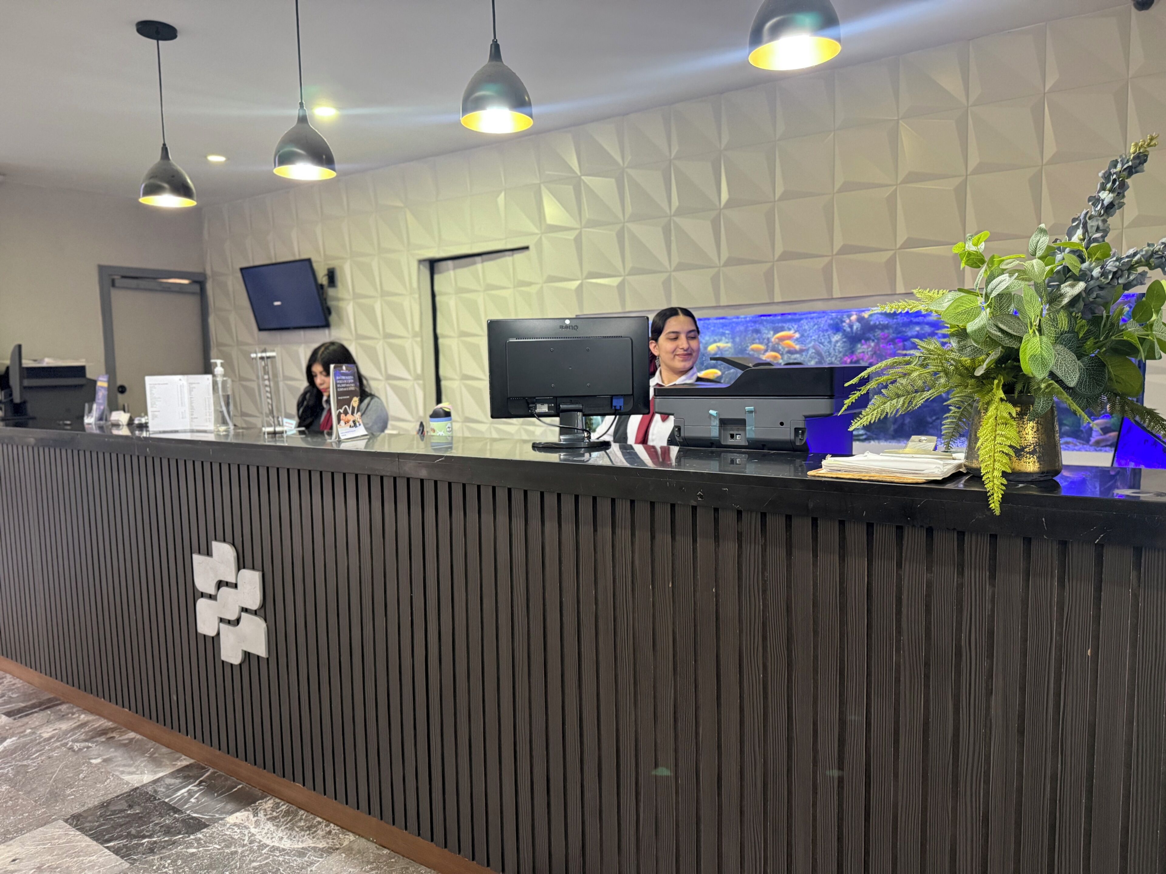 A reception desk with a modern design, a flat-screen TV, and a decorative plant.