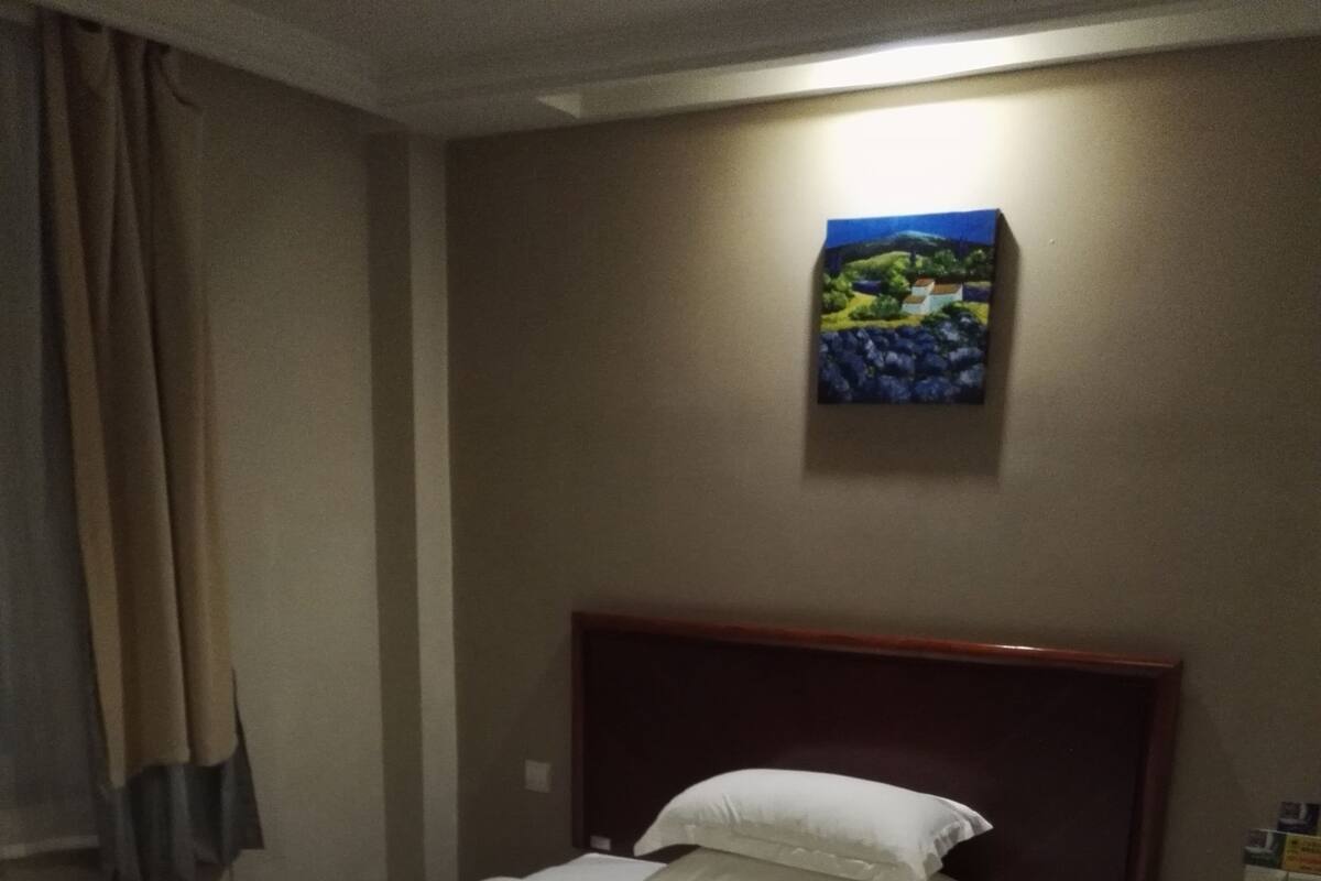 Une chambre d’hôtel avec un lit simple, une table de chevet avec un téléphone et un tableau au mur.