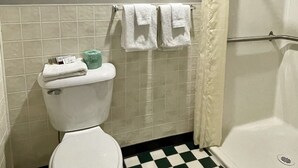 Un baño con inodoro, ducha y piso de cuadros.