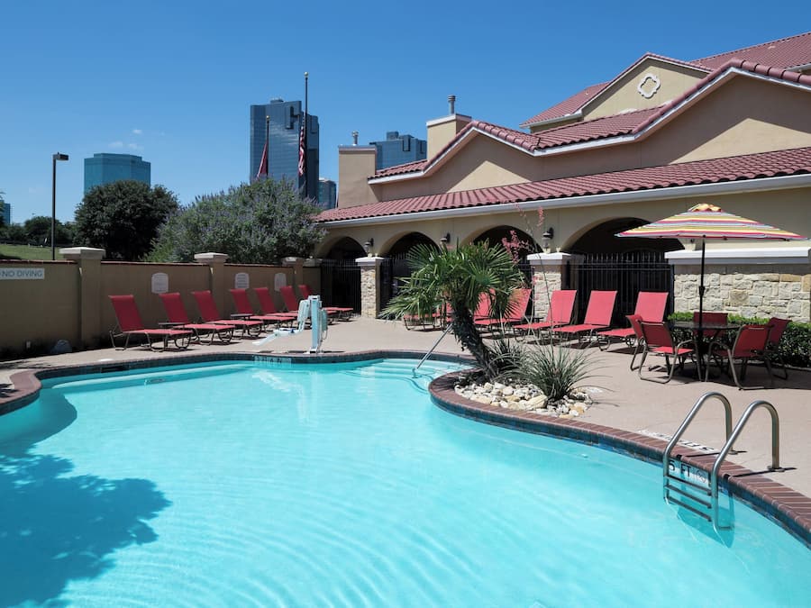 Outdoor pool, pool umbrellas, pool loungers