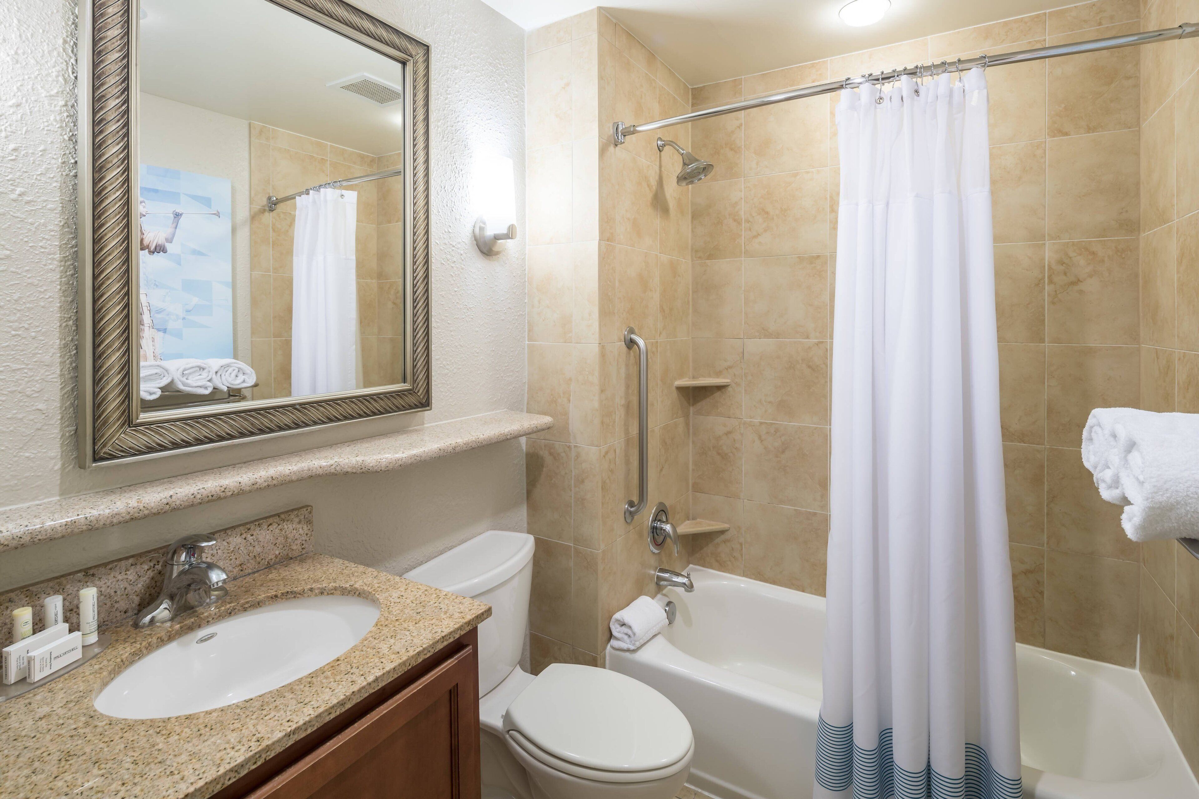 combined shower/bathtub, free toiletries, hair dryer, towels