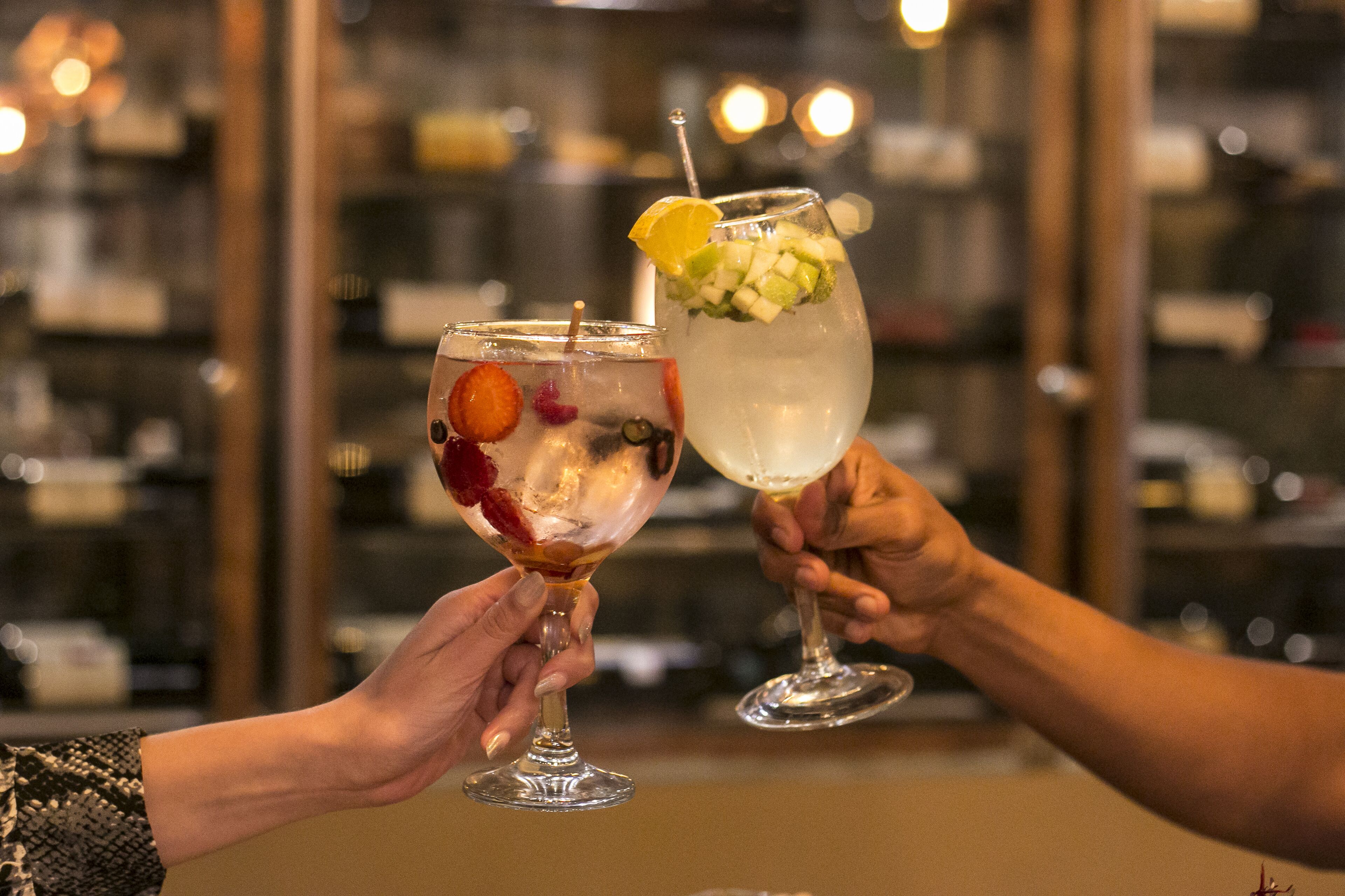 Two people holding cocktail glasses with fruit garnishes.