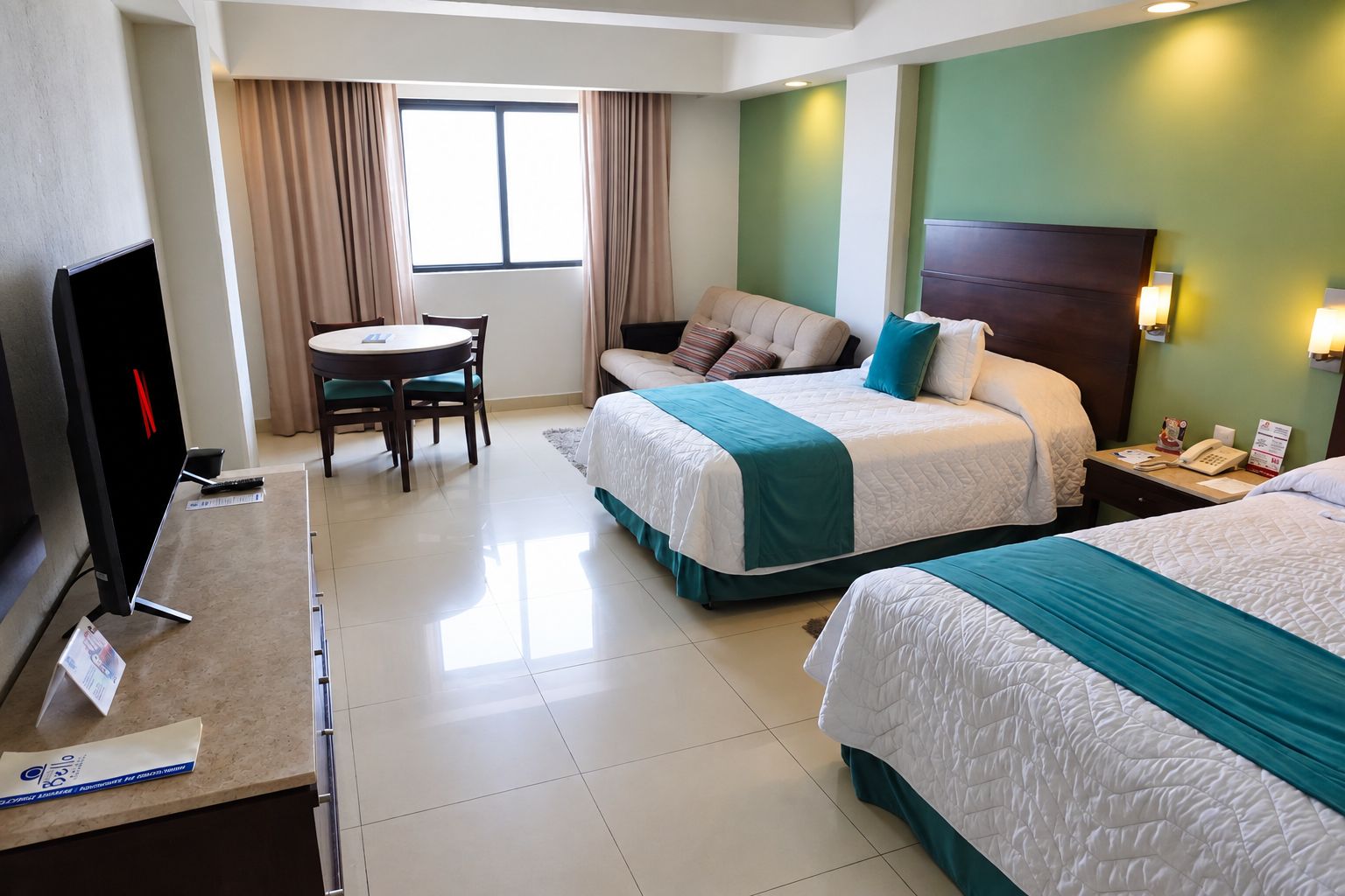 A hotel room with two beds, a desk with a computer, a TV, and a dining area with a table and chairs.