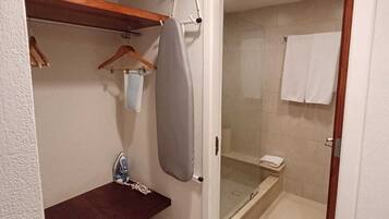 Shower, free toiletries, hair dryer, towels