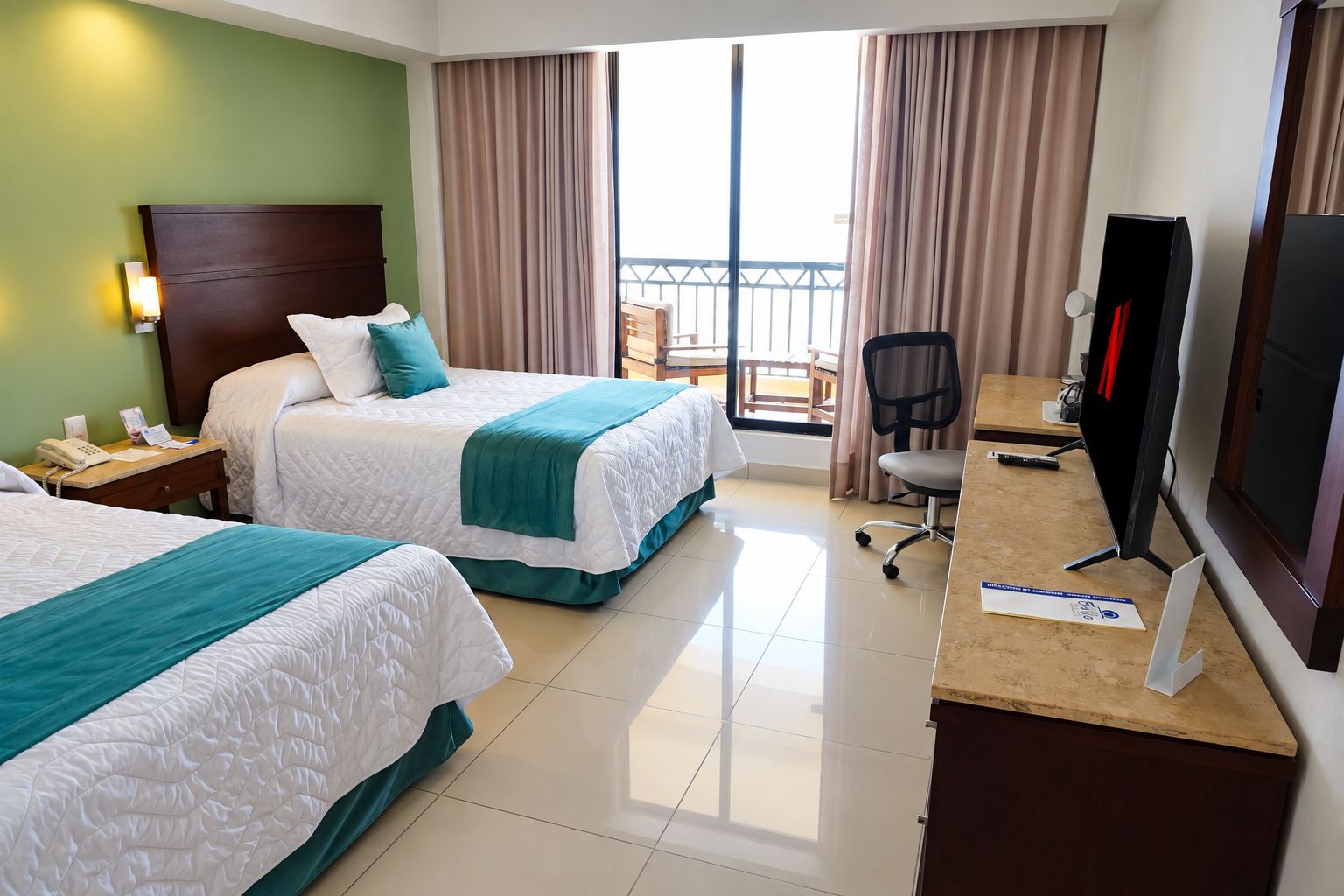 A hotel room with two beds, a desk with a computer, a TV, and a balcony with a view.