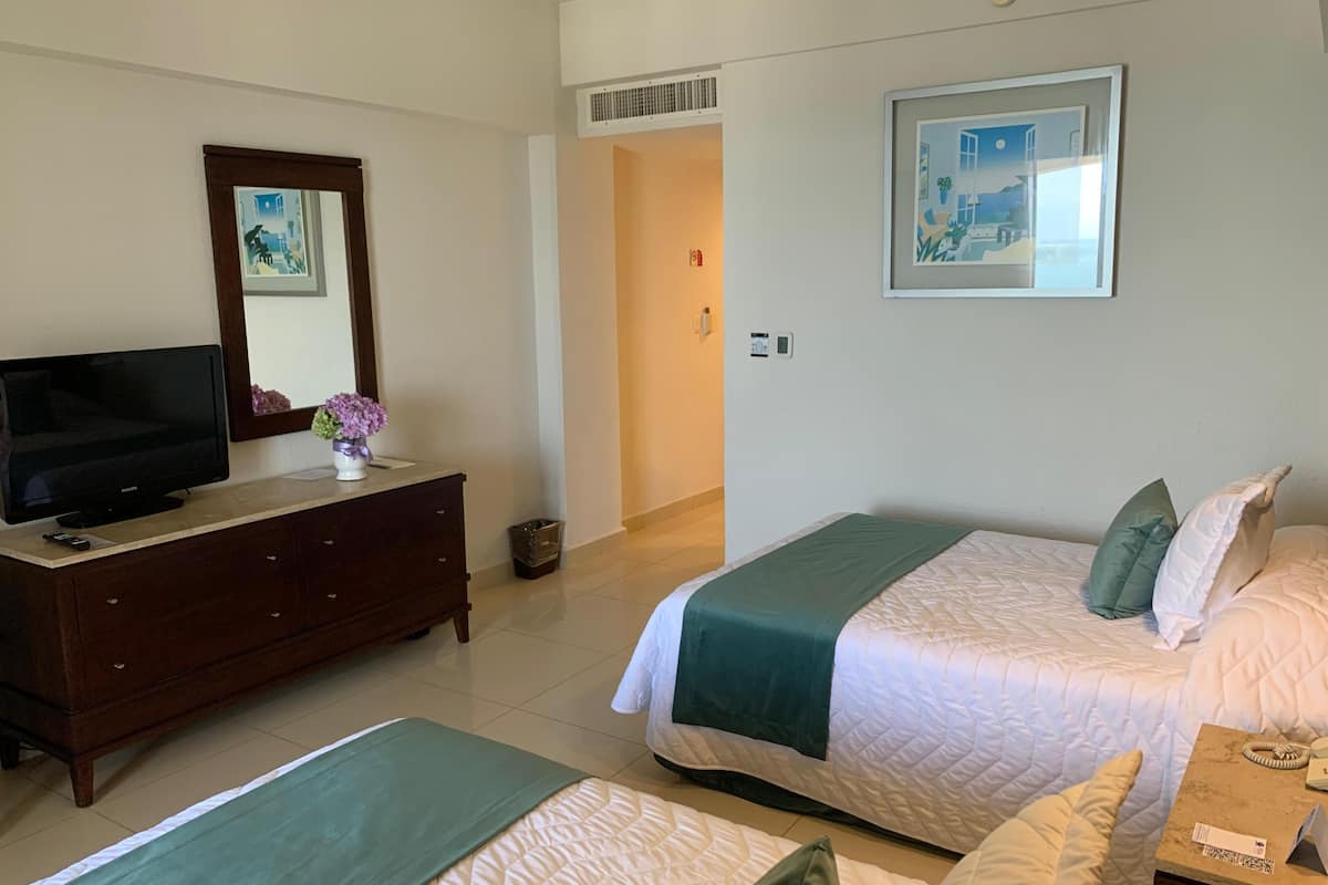 A hotel room with two beds, a TV, a dresser, and a framed picture on the wall.
